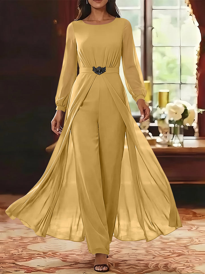 Jumpsuit Scoop Chiffon Mother of the Bride Jumpsuit with Overskirt Ankle-Length Long Sleeves