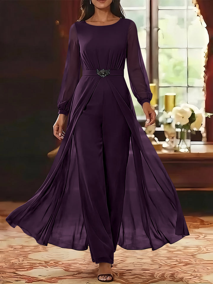 Jumpsuit Scoop Chiffon Mother of the Bride Jumpsuit with Overskirt Ankle-Length Long Sleeves