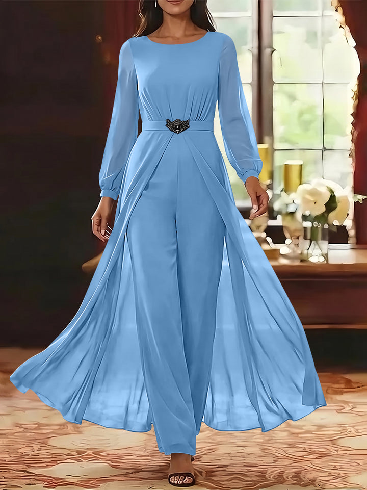 Jumpsuit Scoop Chiffon Mother of the Bride Jumpsuit with Overskirt Ankle-Length Long Sleeves