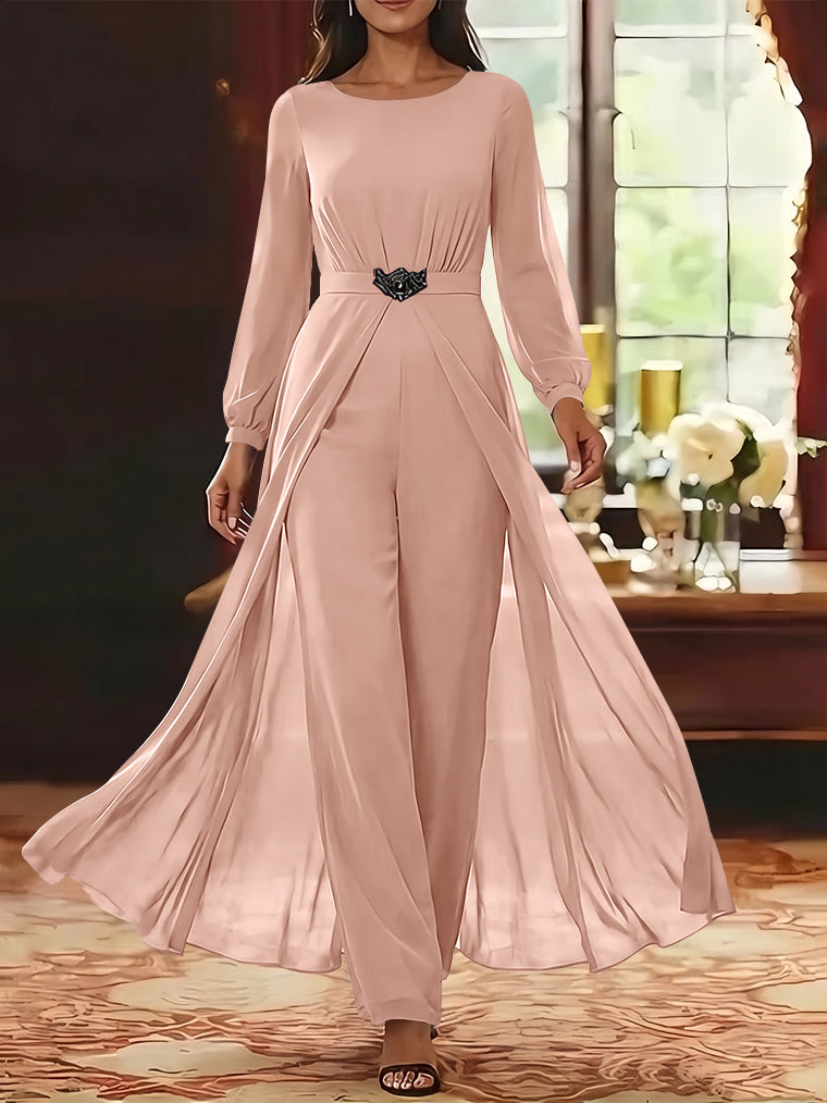 Jumpsuit Scoop Chiffon Mother of the Bride Jumpsuit with Overskirt Ankle-Length Long Sleeves