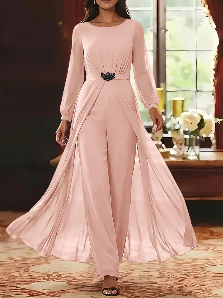 Jumpsuit Scoop Chiffon Mother of the Bride Jumpsuit with Overskirt Ankle-Length Long Sleeves