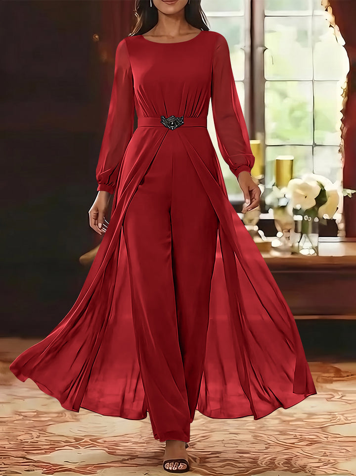 Jumpsuit Scoop Chiffon Mother of the Bride Jumpsuit with Overskirt Ankle-Length Long Sleeves