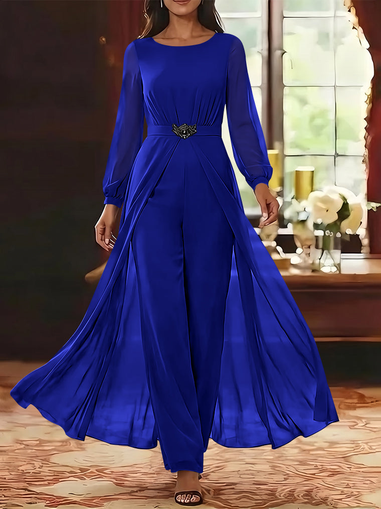 Jumpsuit Scoop Chiffon Mother of the Bride Jumpsuit with Overskirt Ankle-Length Long Sleeves