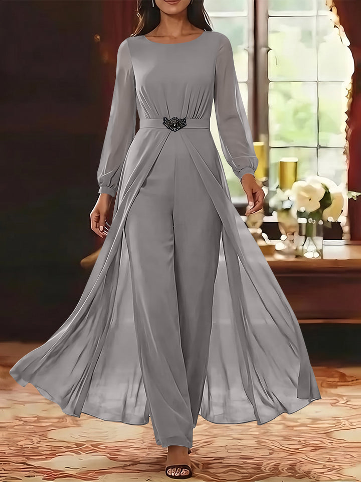 Jumpsuit Scoop Chiffon Mother of the Bride Jumpsuit with Overskirt Ankle-Length Long Sleeves