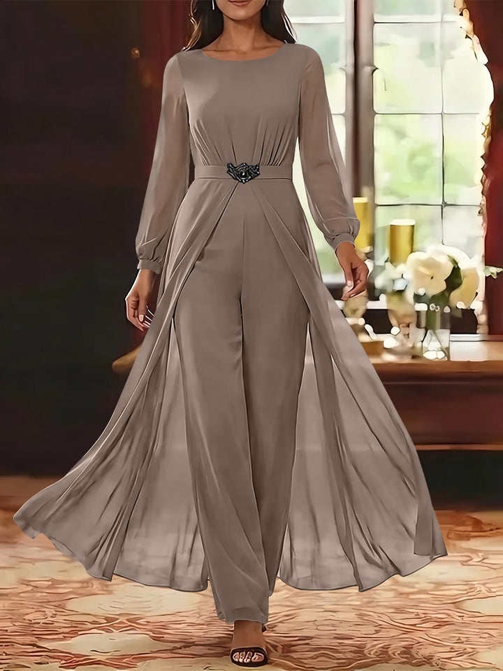 Jumpsuit Scoop Chiffon Mother of the Bride Jumpsuit with Overskirt Ankle-Length Long Sleeves