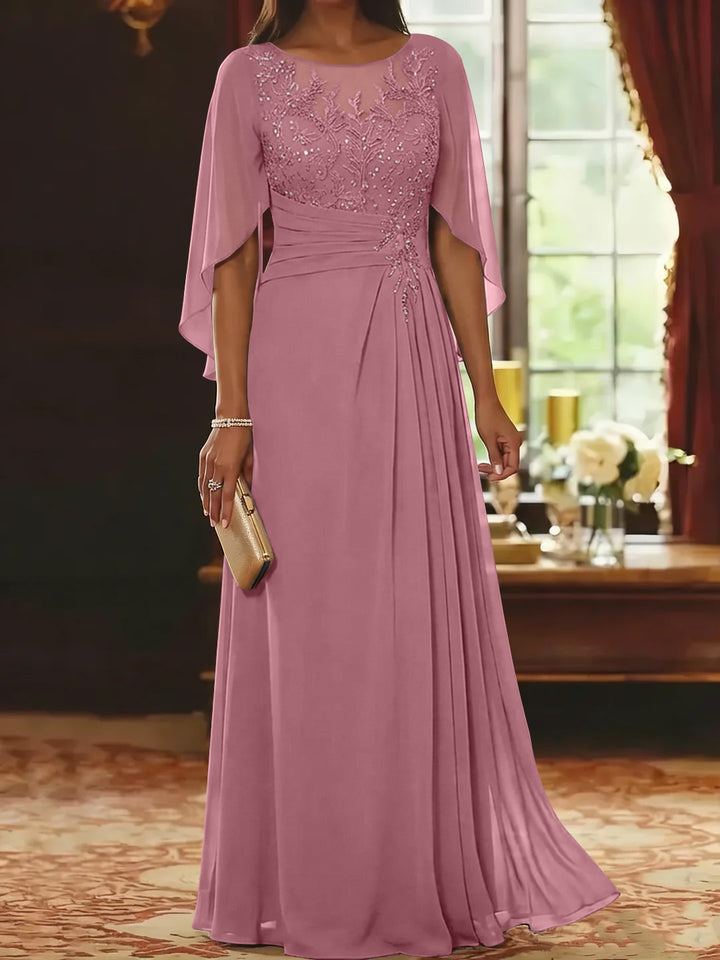 A-Line/Princess Scoop Chiffon Mother of the Bride Dresses Lace Half Sleeves Floor-Length