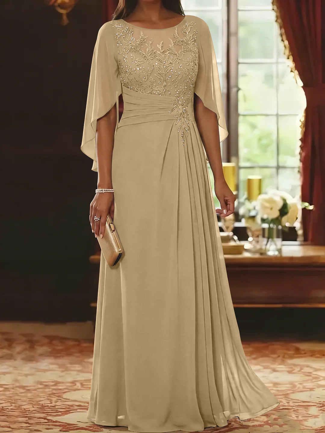 A-Line/Princess Scoop Chiffon Mother of the Bride Dresses Lace Half Sleeves Floor-Length