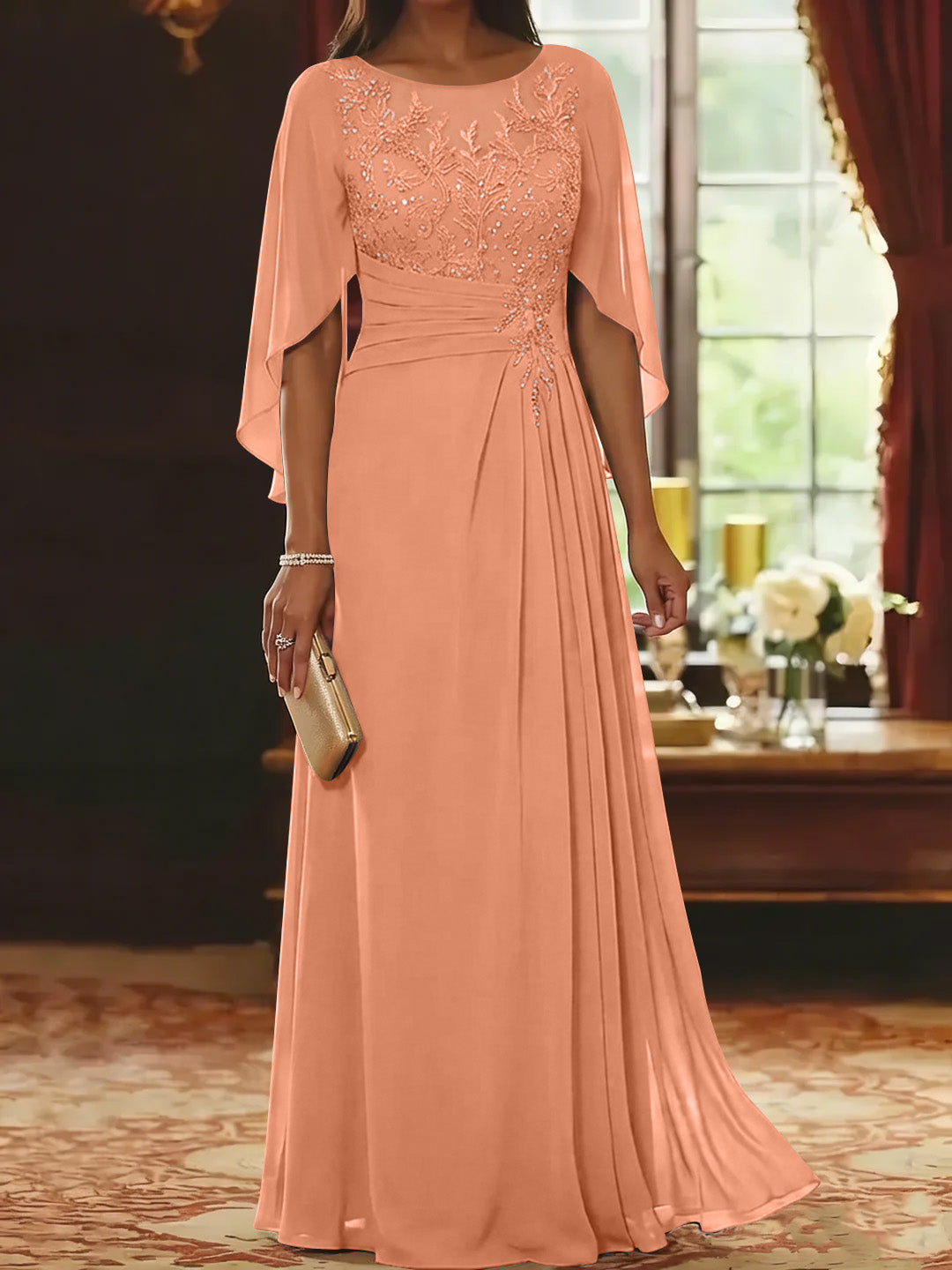 A-Line/Princess Scoop Chiffon Mother of the Bride Dresses Lace Half Sleeves Floor-Length