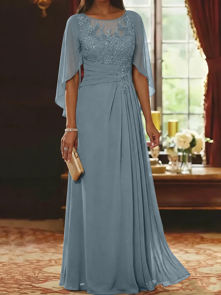 A-Line/Princess Scoop Chiffon Mother of the Bride Dresses Lace Half Sleeves Floor-Length
