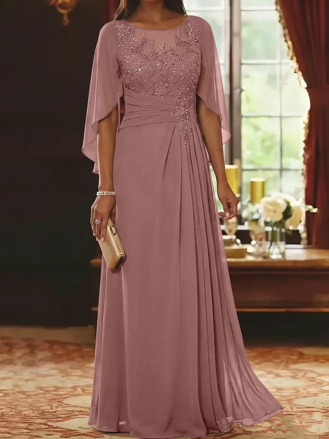 A-Line/Princess Scoop Chiffon Mother of the Bride Dresses Lace Half Sleeves Floor-Length
