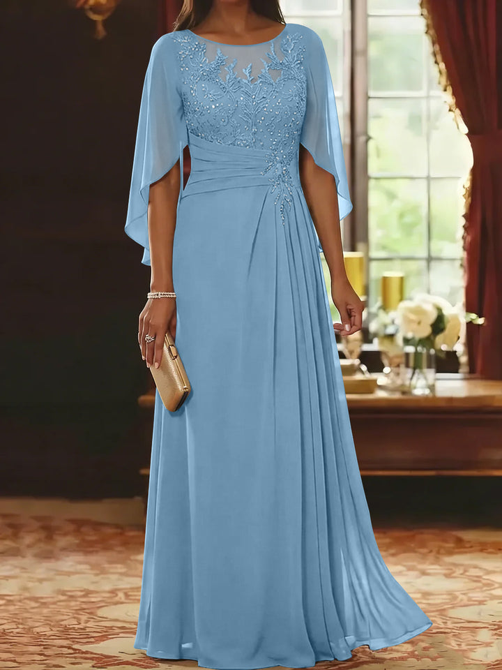 A-Line/Princess Scoop Chiffon Mother of the Bride Dresses Lace Half Sleeves Floor-Length