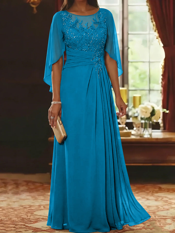 A-Line/Princess Scoop Chiffon Mother of the Bride Dresses Lace Half Sleeves Floor-Length