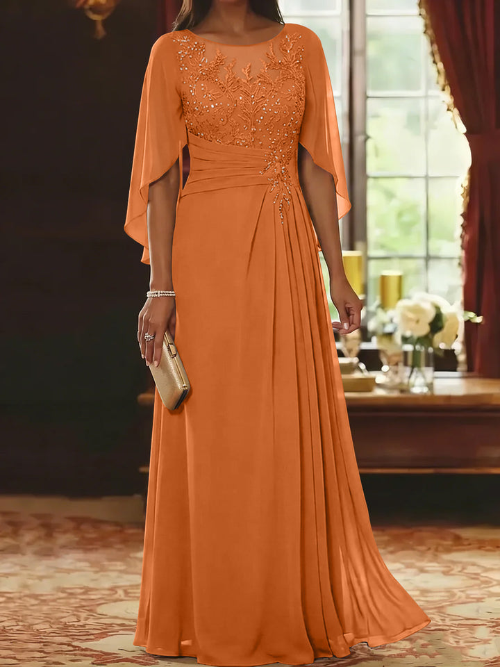 A-Line/Princess Scoop Chiffon Mother of the Bride Dresses Lace Half Sleeves Floor-Length
