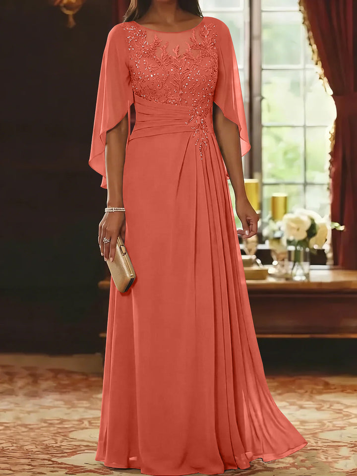 A-Line/Princess Scoop Chiffon Mother of the Bride Dresses Lace Half Sleeves Floor-Length