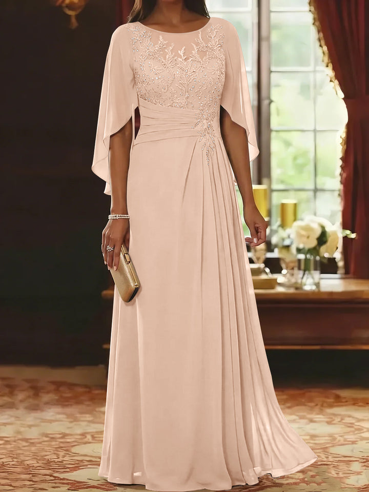 A-Line/Princess Scoop Chiffon Mother of the Bride Dresses Lace Half Sleeves Floor-Length