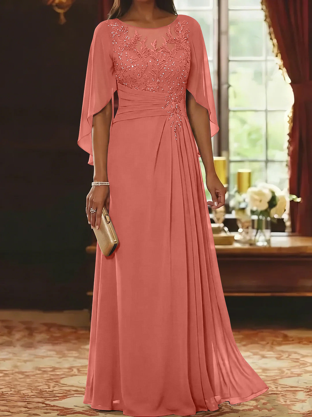 A-Line/Princess Scoop Chiffon Mother of the Bride Dresses Lace Half Sleeves Floor-Length