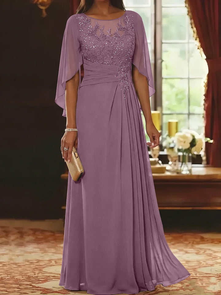 A-Line/Princess Scoop Chiffon Mother of the Bride Dresses Lace Half Sleeves Floor-Length