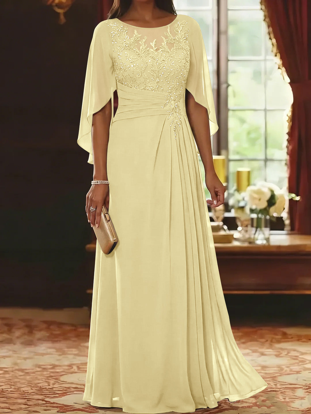 A-Line/Princess Scoop Chiffon Mother of the Bride Dresses Lace Half Sleeves Floor-Length