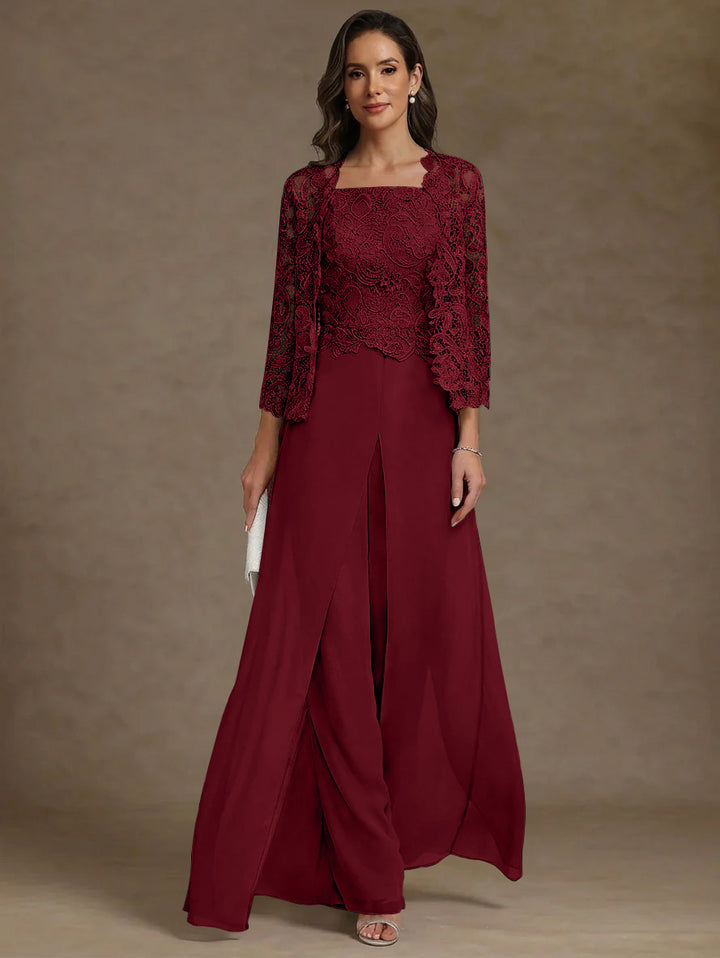 3 Pieces Square Collar Chiffon Mother of the Bride Pantsuits with Jacket Lace Ankle-Length with Overskirt Long Sleeves