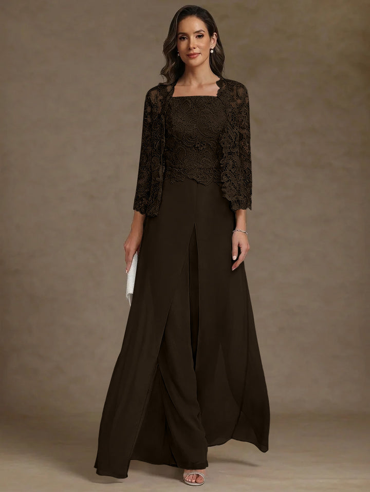 3 Pieces Square Collar Chiffon Mother of the Bride Pantsuits with Jacket Lace Ankle-Length with Overskirt Long Sleeves