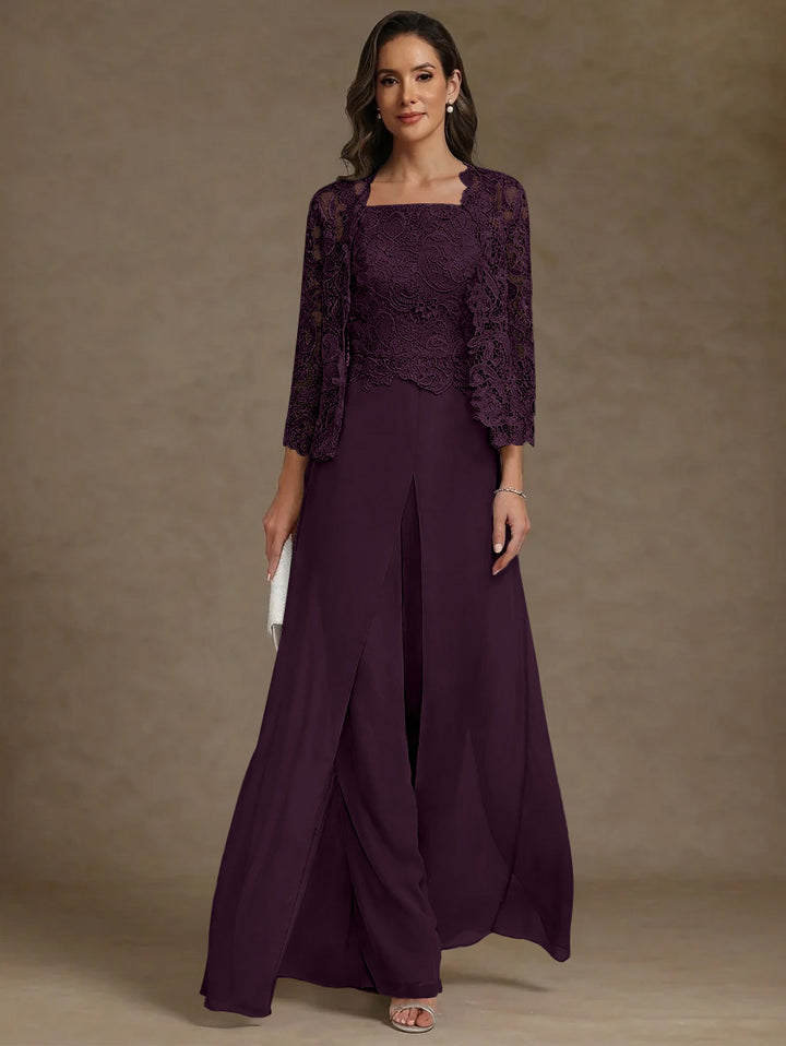 3 Pieces Square Collar Chiffon Mother of the Bride Pantsuits with Jacket Lace Ankle-Length with Overskirt Long Sleeves