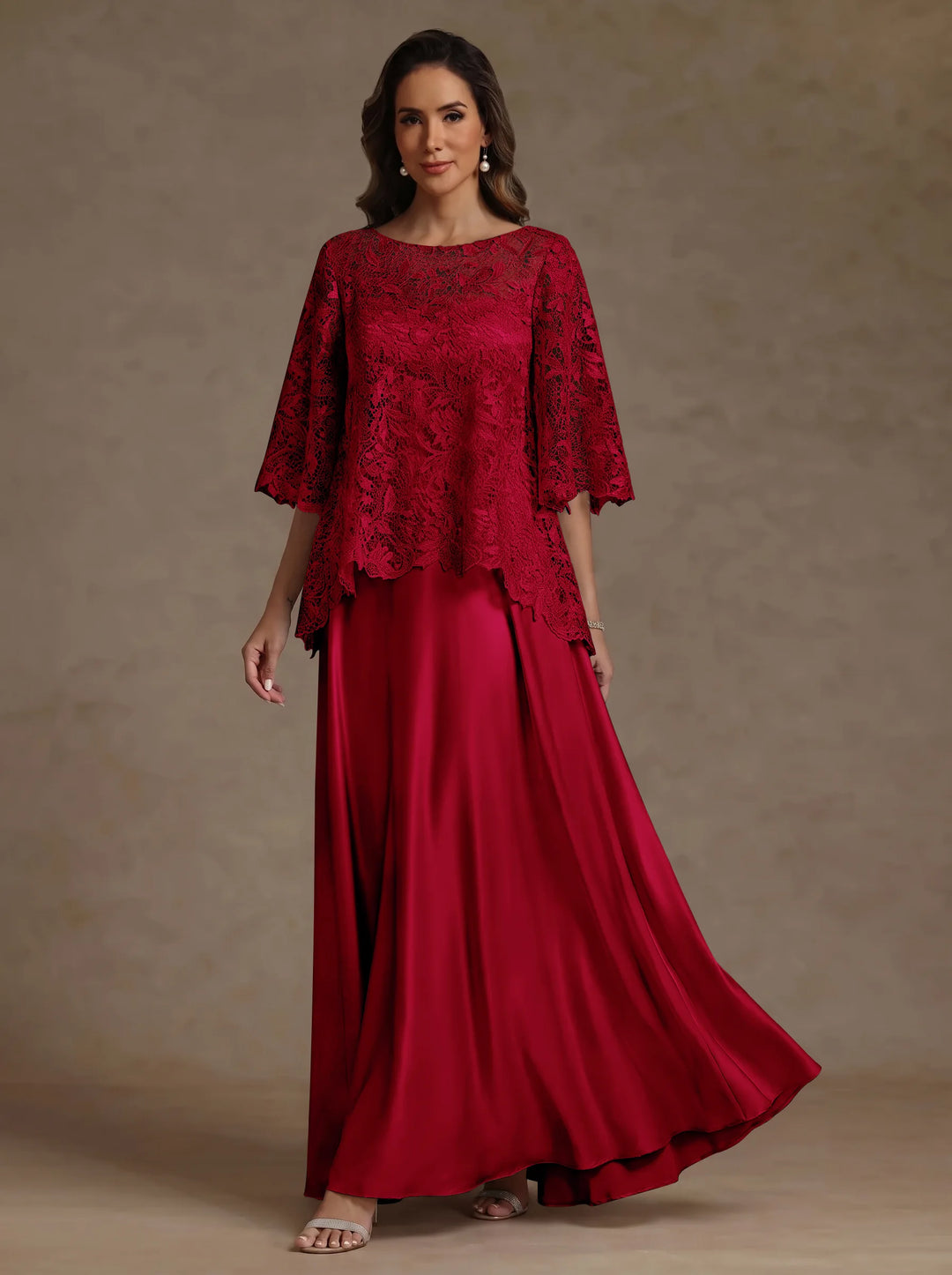 2 Pieces A-Line/Princess Silk Satin Scoop Mother ofthe Bride Dresses  Lace Floor Length Short Sleeves