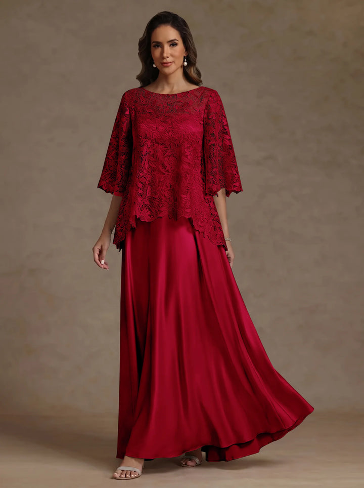 2 Pieces A-Line/Princess Silk Satin Scoop Mother ofthe Bride Dresses  Lace Floor Length Short Sleeves