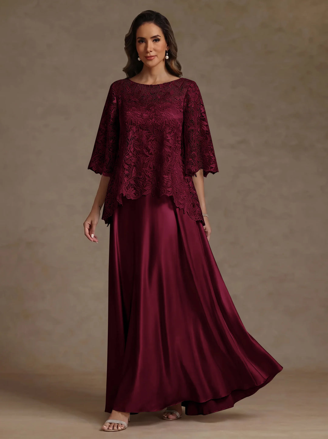 2 Pieces A-Line/Princess Silk Satin Scoop Mother ofthe Bride Dresses  Lace Floor Length Short Sleeves