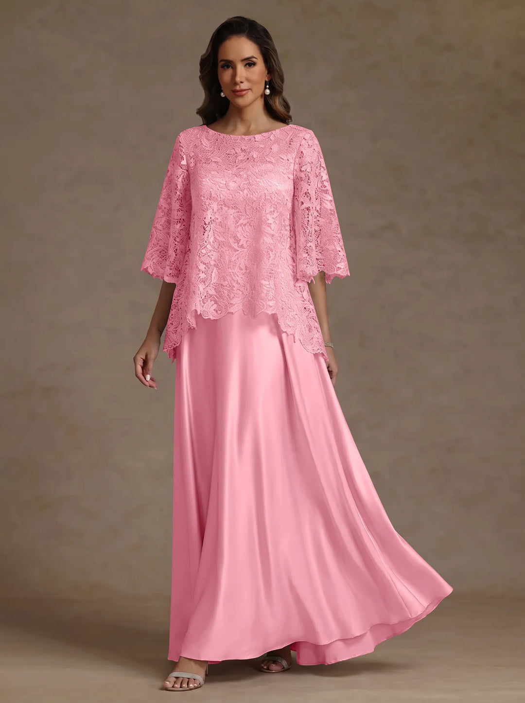 2 Pieces A-Line/Princess Silk Satin Scoop Mother ofthe Bride Dresses  Lace Floor Length Short Sleeves