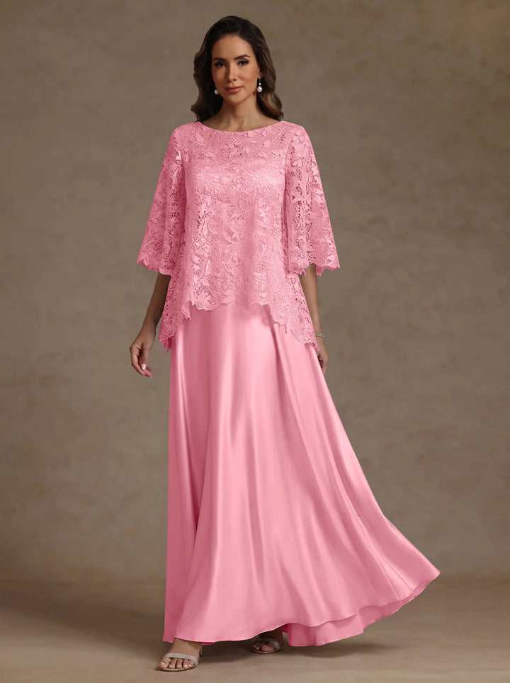2 Pieces A-Line/Princess Silk Satin Scoop Mother ofthe Bride Dresses  Lace Floor Length Short Sleeves