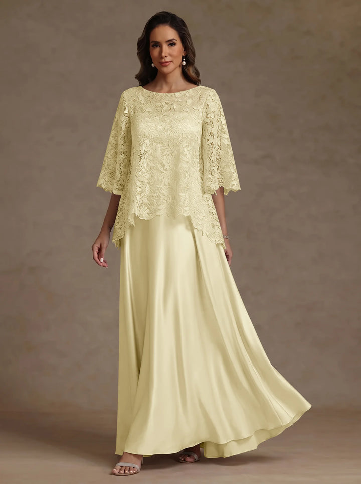 2 Pieces A-Line/Princess Silk Satin Scoop Mother ofthe Bride Dresses  Lace Floor Length Short Sleeves