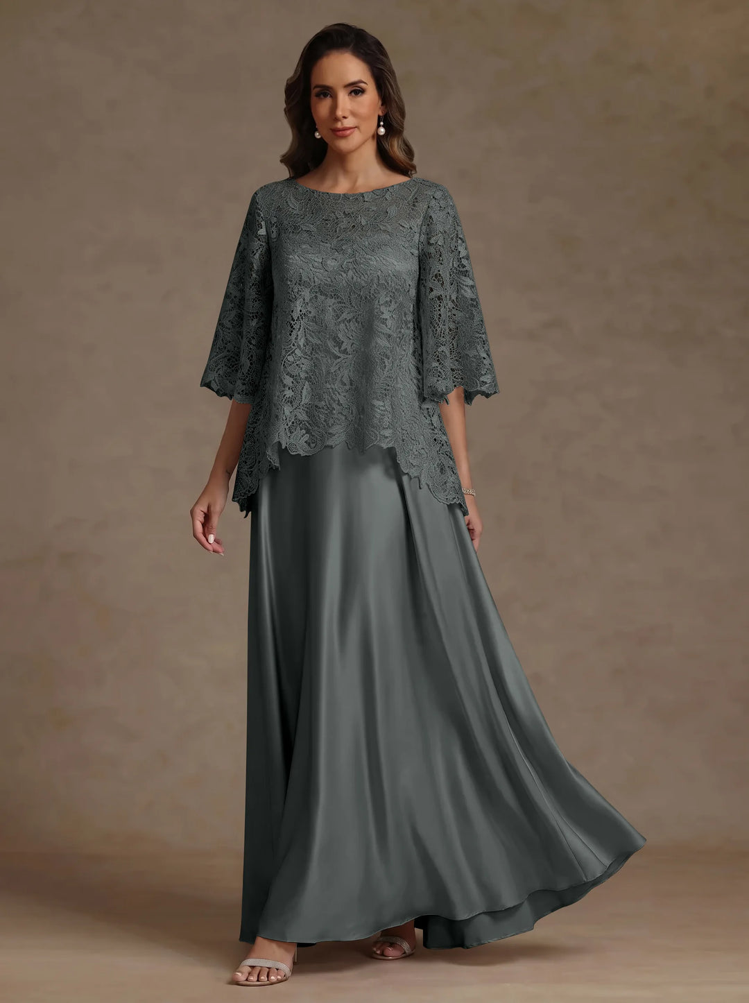 2 Pieces A-Line/Princess Silk Satin Scoop Mother ofthe Bride Dresses  Lace Floor Length Short Sleeves