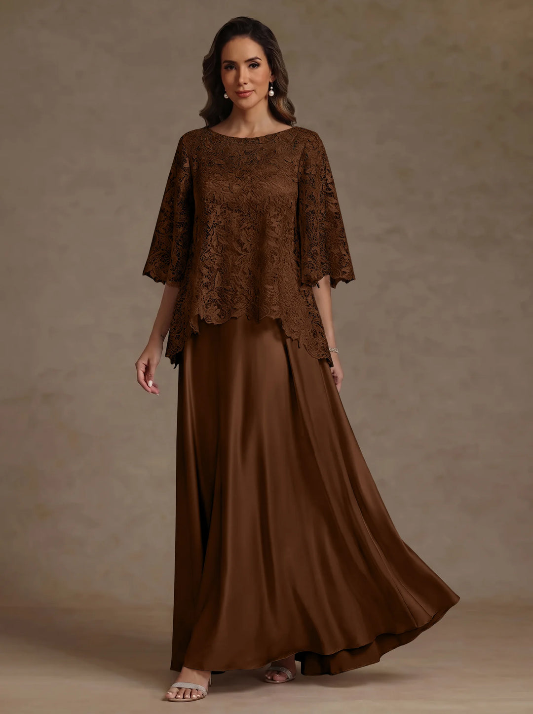2 Pieces A-Line/Princess Silk Satin Scoop Mother ofthe Bride Dresses  Lace Floor Length Short Sleeves
