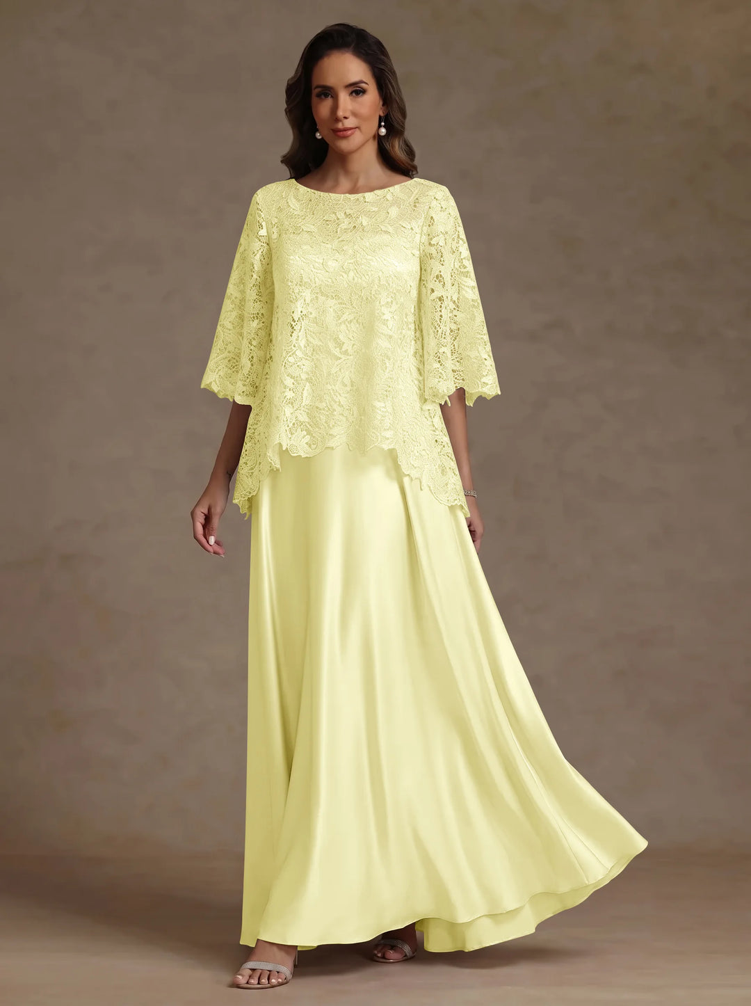 2 Pieces A-Line/Princess Silk Satin Scoop Mother ofthe Bride Dresses  Lace Floor Length Short Sleeves