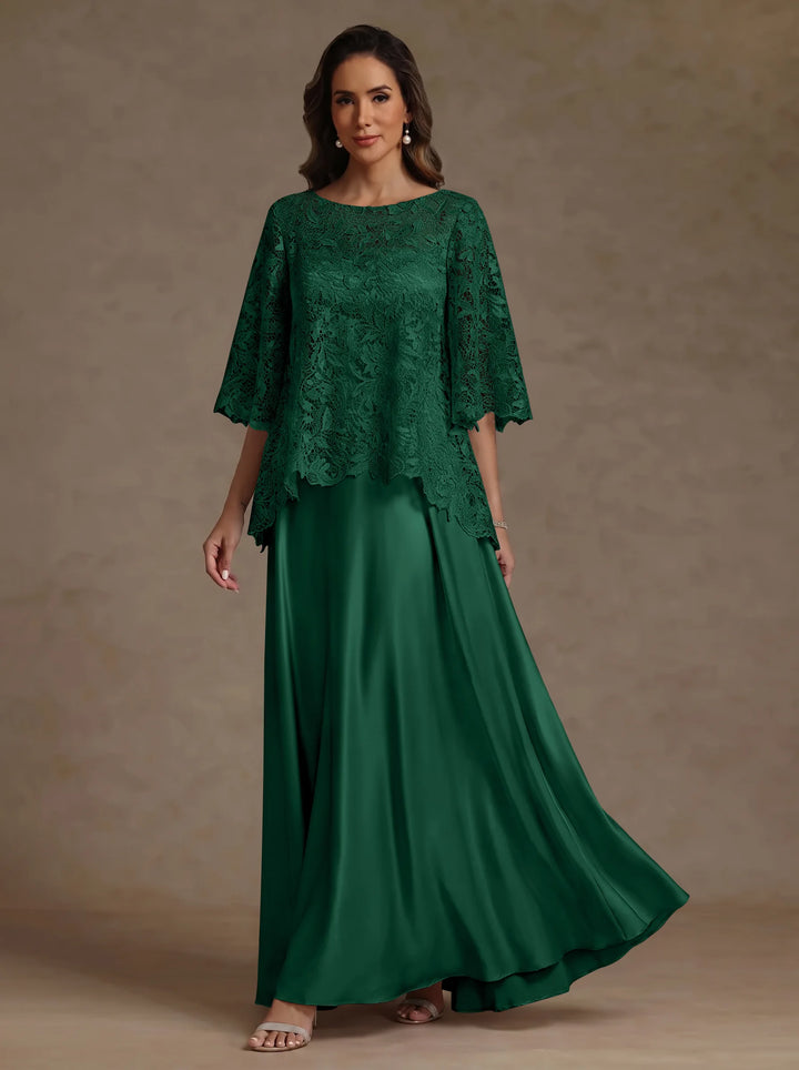2 Pieces A-Line/Princess Silk Satin Scoop Mother ofthe Bride Dresses  Lace Floor Length Short Sleeves