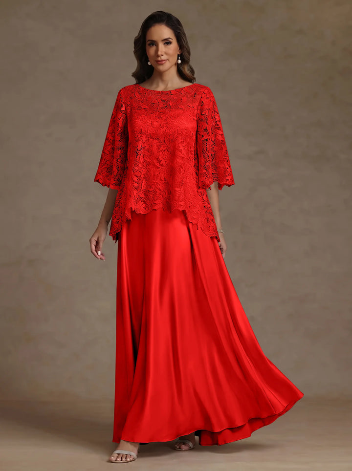 2 Pieces A-Line/Princess Silk Satin Scoop Mother ofthe Bride Dresses  Lace Floor Length Short Sleeves