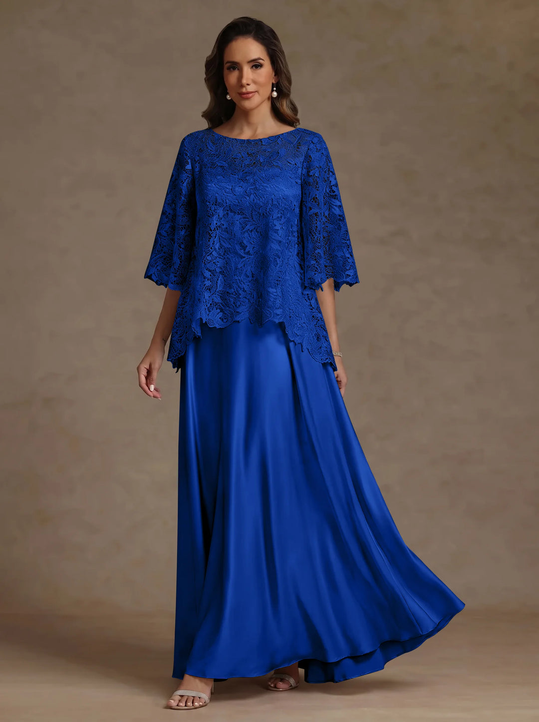 2 Pieces A-Line/Princess Silk Satin Scoop Mother ofthe Bride Dresses  Lace Floor Length Short Sleeves