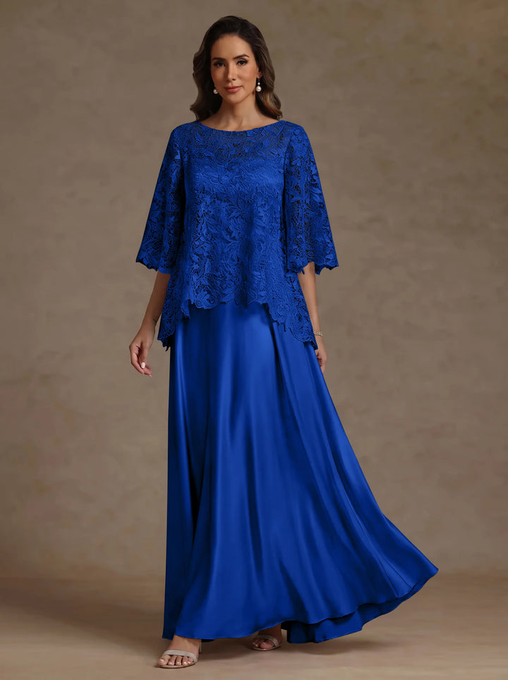 2 Pieces A-Line/Princess Silk Satin Scoop Mother ofthe Bride Dresses  Lace Floor Length Short Sleeves