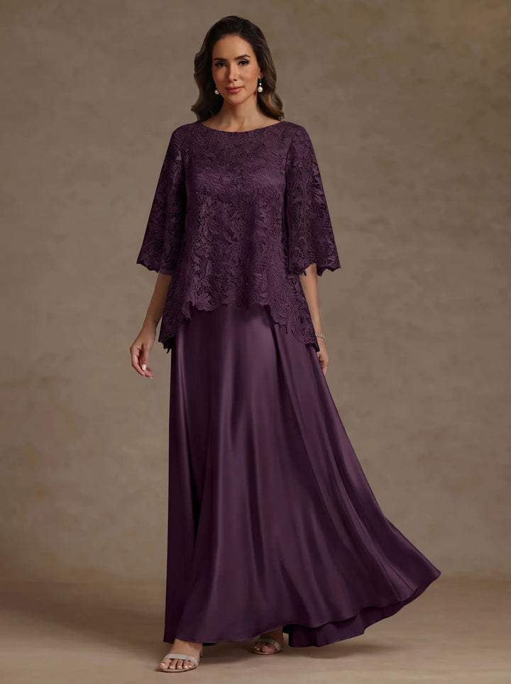 2 Pieces A-Line/Princess Silk Satin Scoop Mother ofthe Bride Dresses  Lace Floor Length Short Sleeves