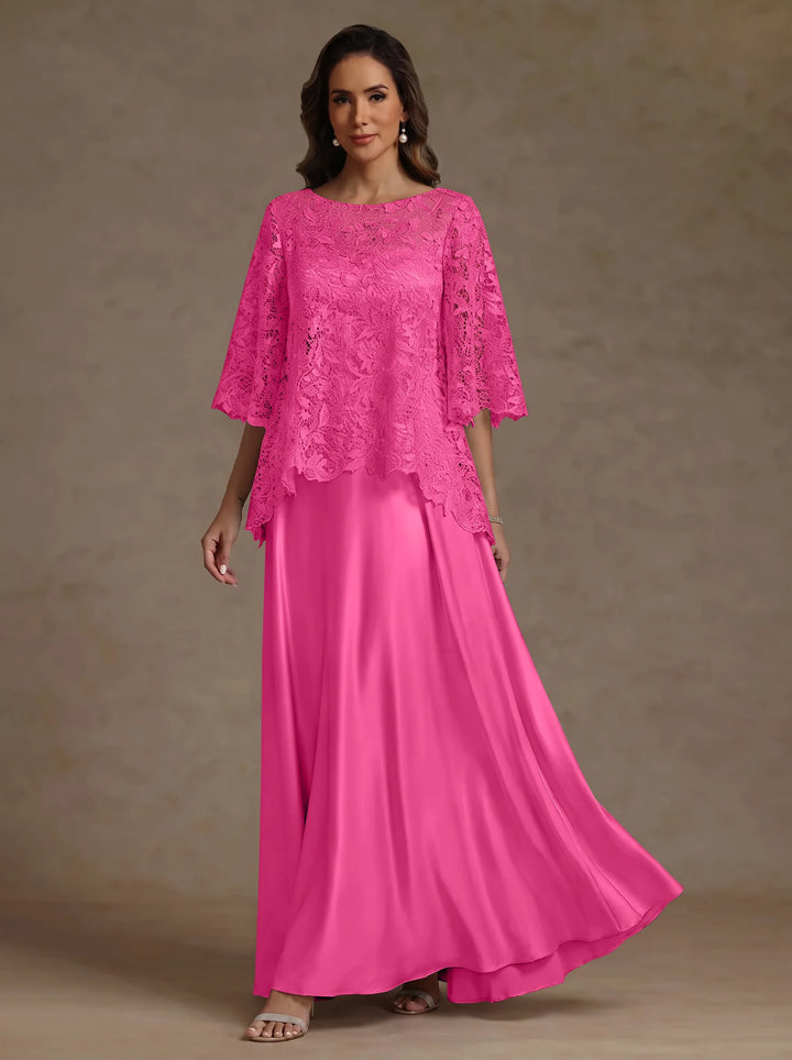 2 Pieces A-Line/Princess Silk Satin Scoop Mother ofthe Bride Dresses  Lace Floor Length Short Sleeves