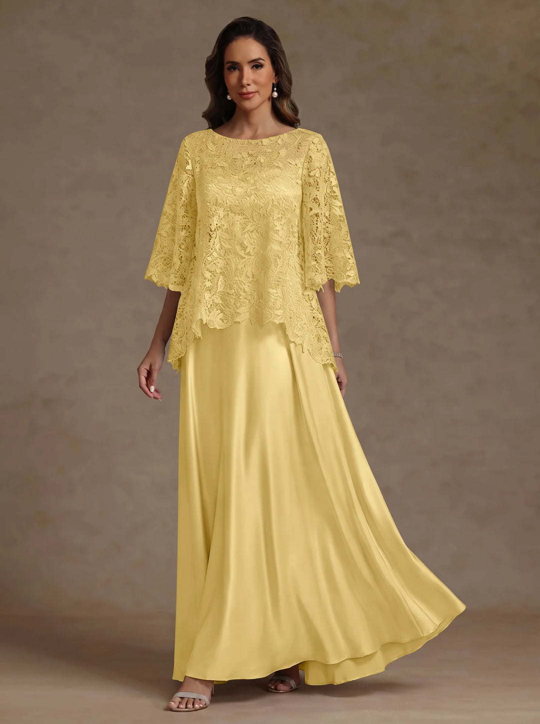 2 Pieces A-Line/Princess Silk Satin Scoop Mother ofthe Bride Dresses  Lace Floor Length Short Sleeves
