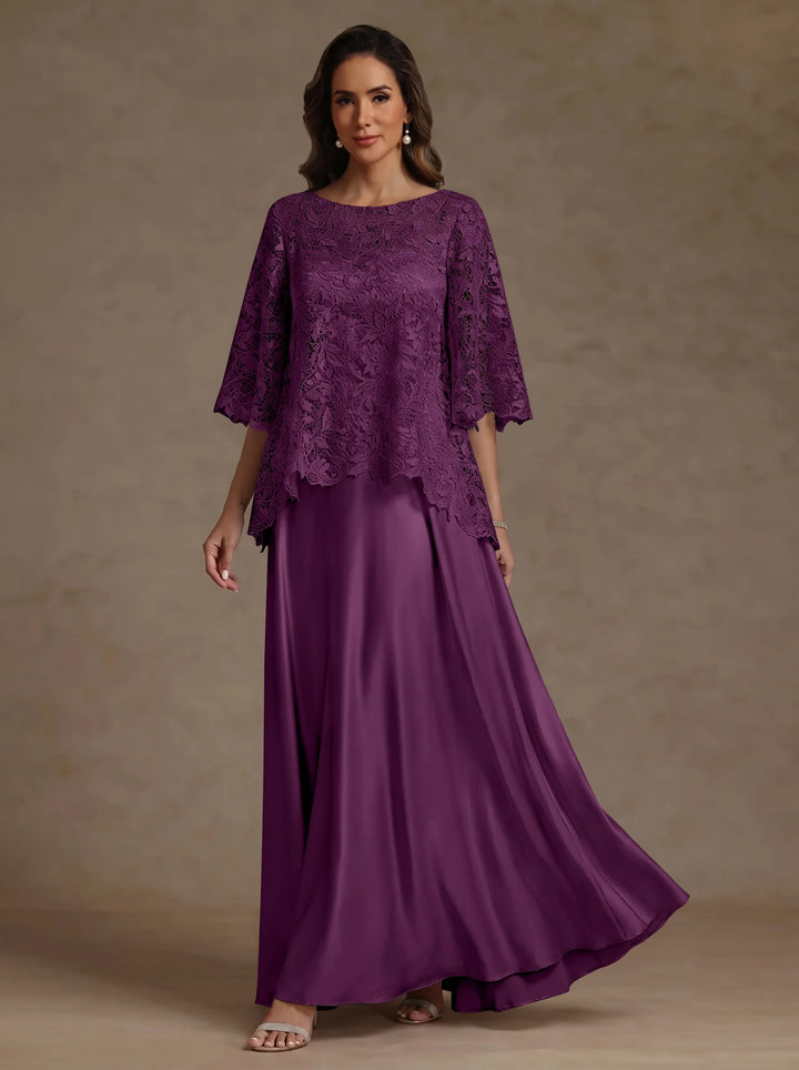 2 Pieces A-Line/Princess Silk Satin Scoop Mother ofthe Bride Dresses  Lace Floor Length Short Sleeves