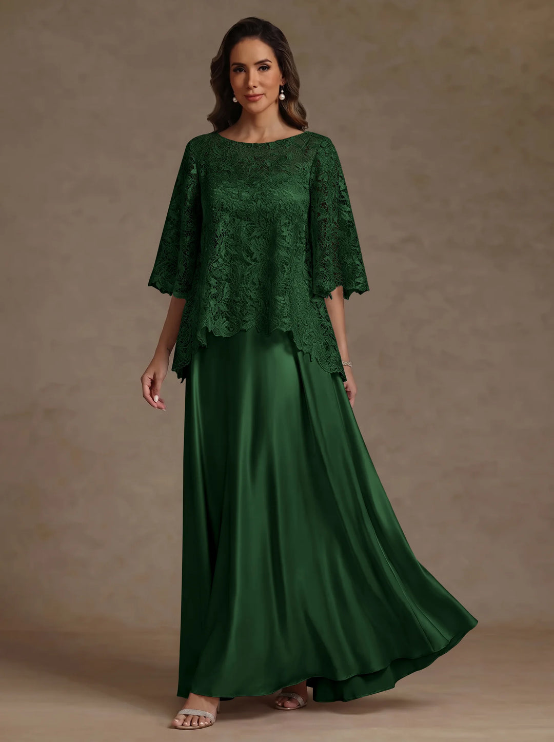 2 Pieces A-Line/Princess Silk Satin Scoop Mother ofthe Bride Dresses  Lace Floor Length Short Sleeves