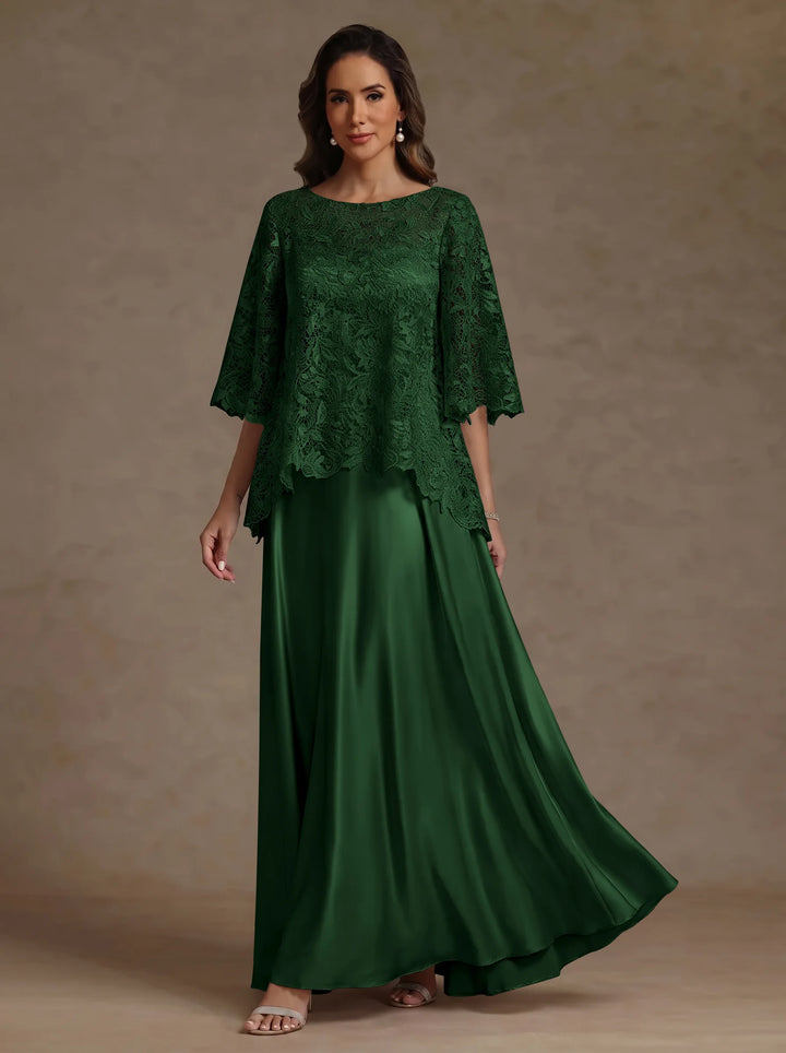 2 Pieces A-Line/Princess Silk Satin Scoop Mother ofthe Bride Dresses  Lace Floor Length Short Sleeves