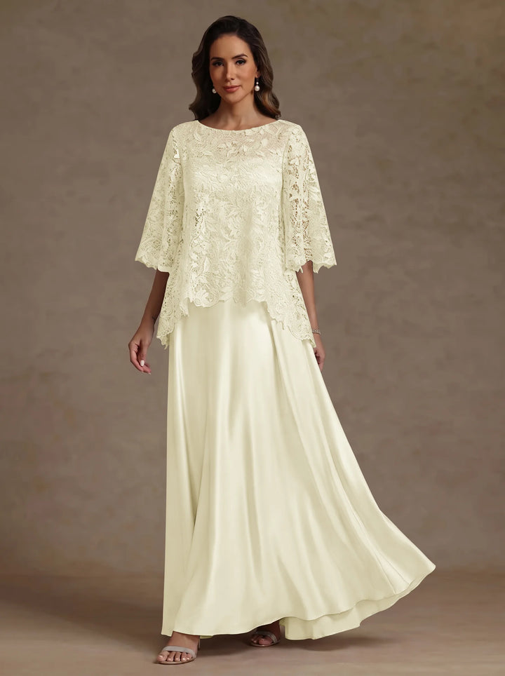 2 Pieces A-Line/Princess Silk Satin Scoop Mother ofthe Bride Dresses  Lace Floor Length Short Sleeves