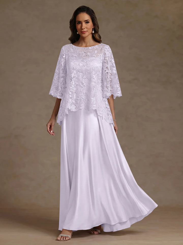 2 Pieces A-Line/Princess Silk Satin Scoop Mother ofthe Bride Dresses  Lace Floor Length Short Sleeves