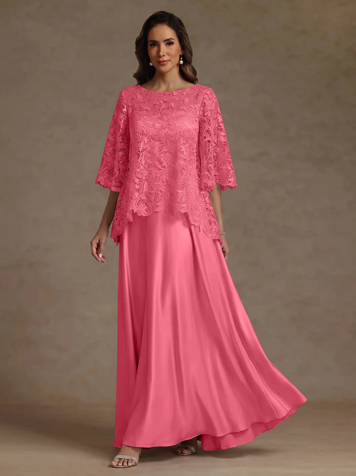 2 Pieces A-Line/Princess Silk Satin Scoop Mother ofthe Bride Dresses  Lace Floor Length Short Sleeves