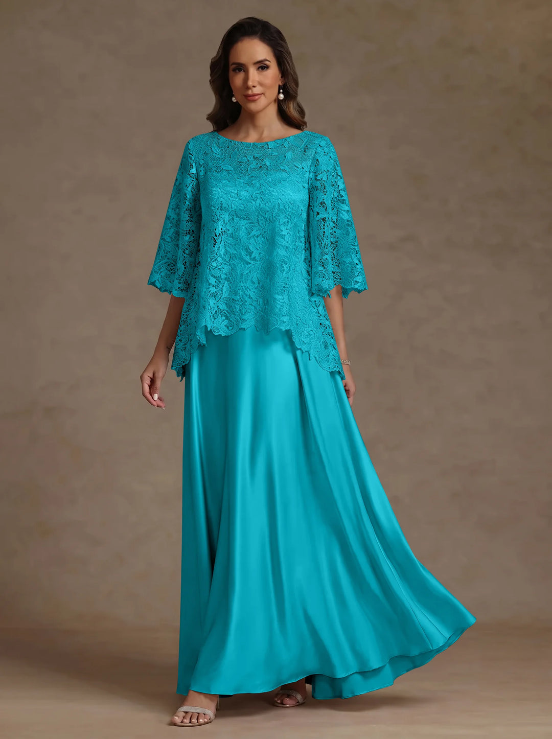 2 Pieces A-Line/Princess Silk Satin Scoop Mother ofthe Bride Dresses  Lace Floor Length Short Sleeves
