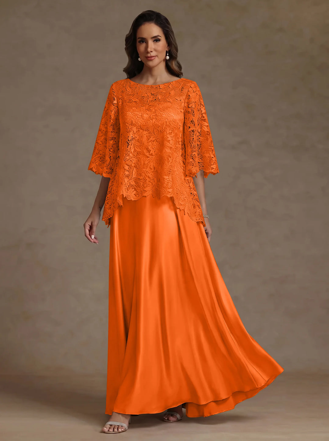 2 Pieces A-Line/Princess Silk Satin Scoop Mother ofthe Bride Dresses  Lace Floor Length Short Sleeves