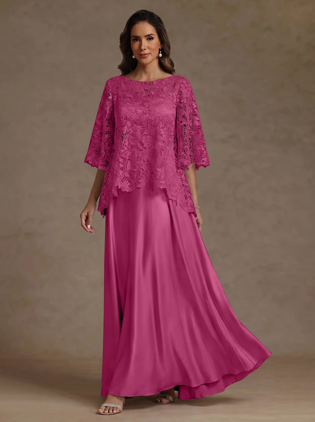2 Pieces A-Line/Princess Silk Satin Scoop Mother ofthe Bride Dresses  Lace Floor Length Short Sleeves